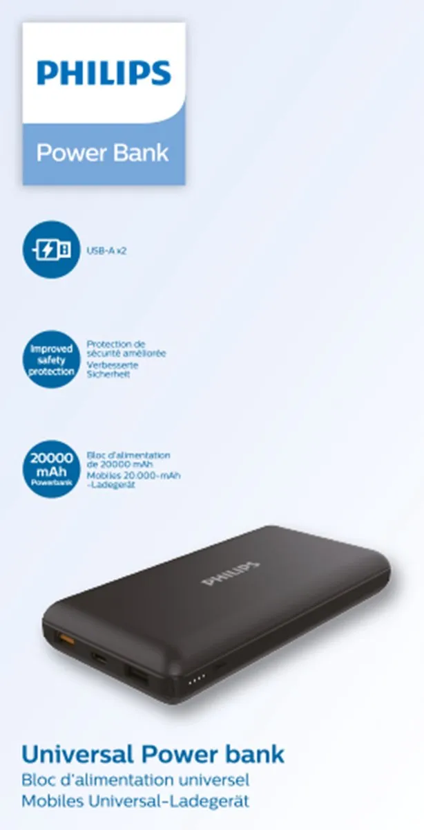 Philips DLP8720N/00 Powerbank 20000mAh - 2 USB-Poorten - Zwart