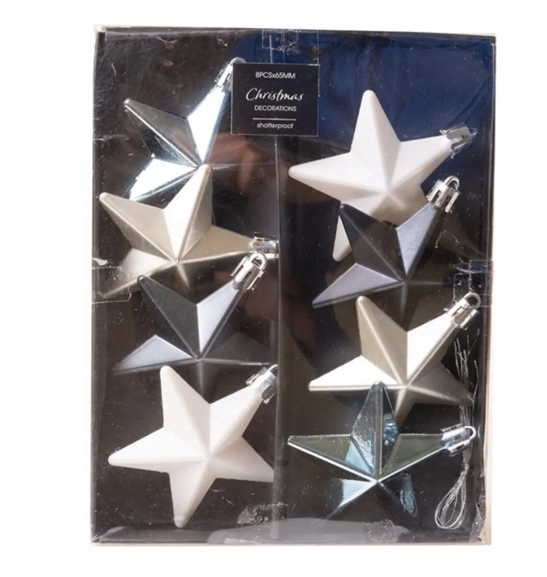 8 Kerstballen Sterren Blauw Wit Mat Glans