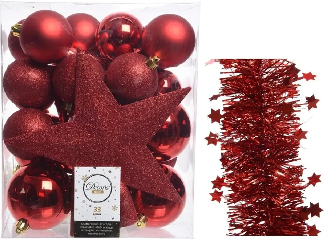 Kerstversiering kunststof kerstballen 5-6-8 cm met ster piek en sterren slingers