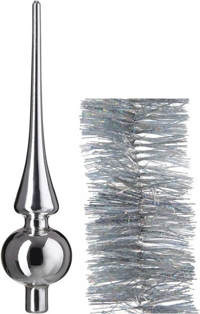 Kerstversiering glazen piek glans 26 cm en glitter folieslingers pakket zilver v