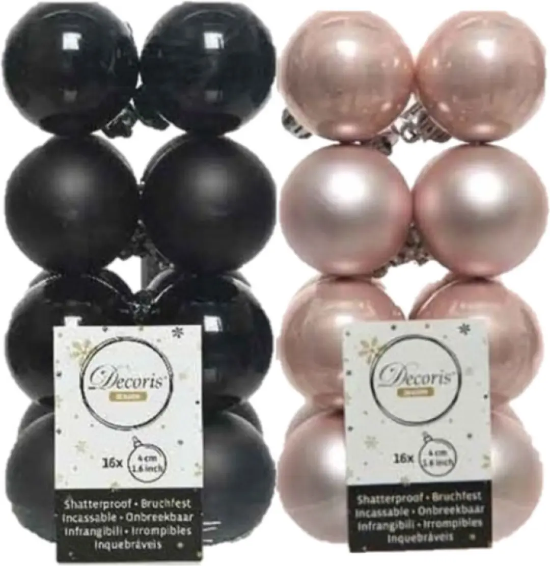 32x stuks kunststof kerstballen zwart en lichtroze 4 cm