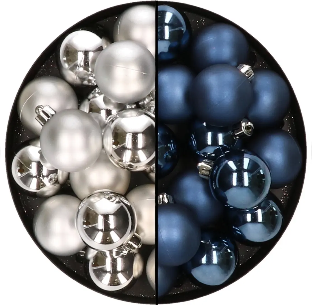 32x stuks kunststof kerstballen mix van zilver en donkerblauw 4 cm