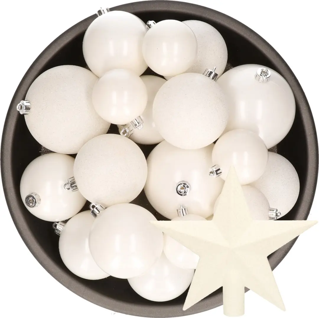 Kerstversiering kunststof kerstballen winter wit 6-8-10 cm pakket van 27x stuks