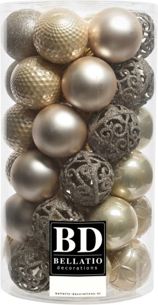 37x stuks kunststof kerstballen parel champagne 6 cm inclusief kerstbalhaakjes