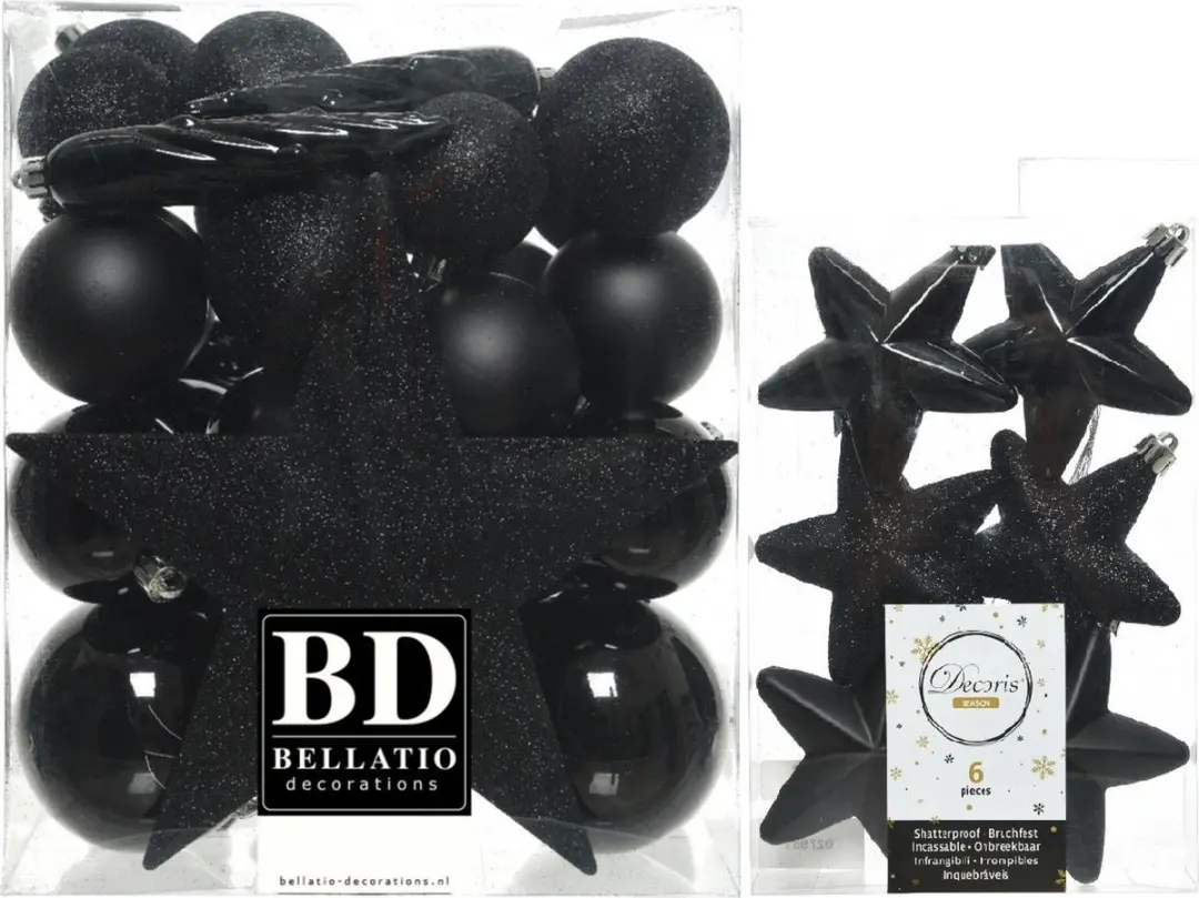 Kerstversiering kunststof kerstballen en sterren hangers zwart 5-6-8 cm pakket 3