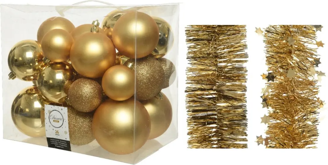 Kerstversiering kunststof kerstballen 6-8-10 cm met folieslingers pakket goud va