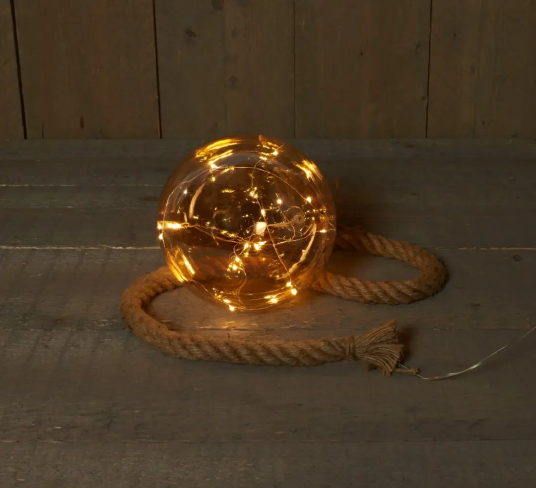 Anna's Collection Verlichte glazen kerstbal - 15 lampjes - warm wit - 18 cm - touwdecoratie