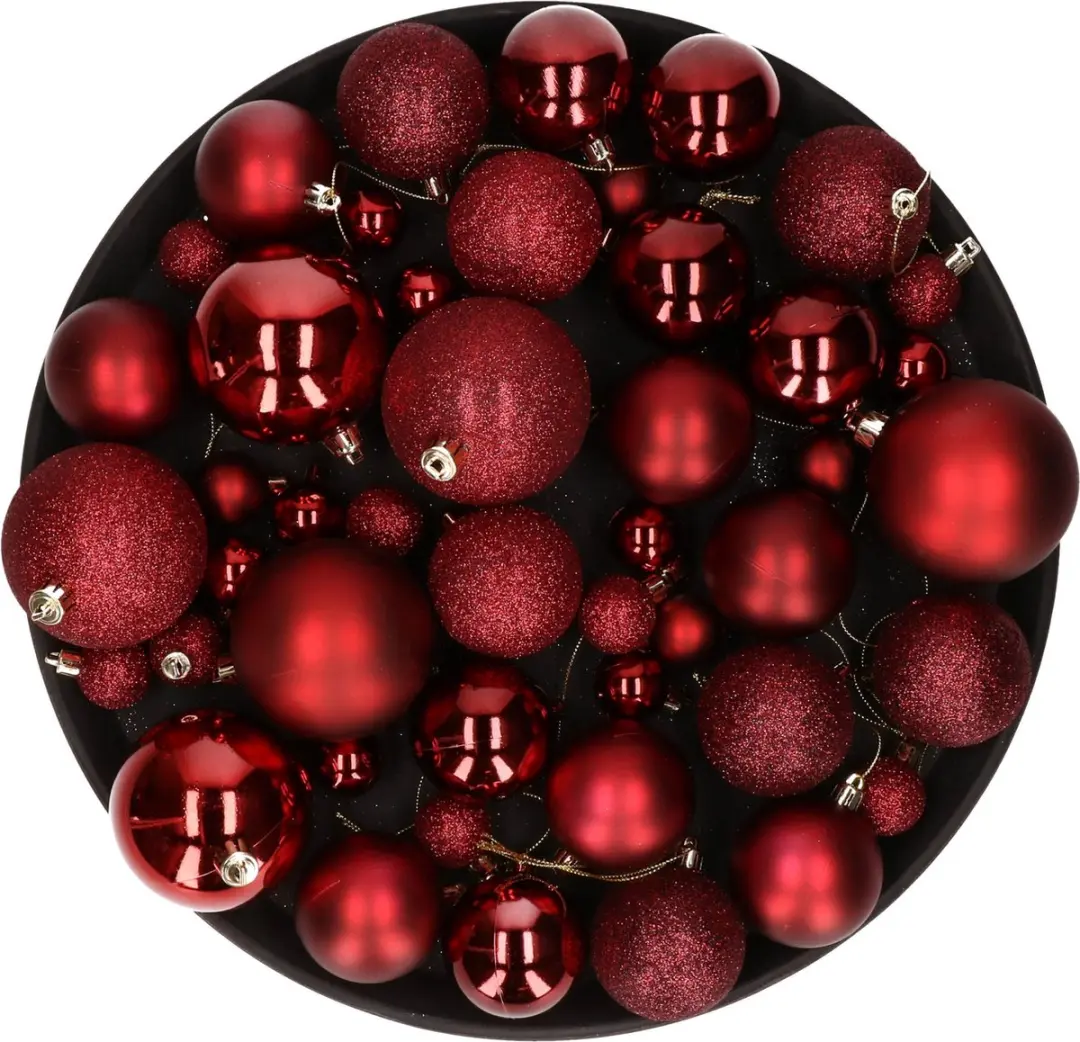 Kerstversiering set kerstballen in het donkerrood 6 - 8 - 10 cm pakket - 46x stuks - mat/glans/glitter mix
