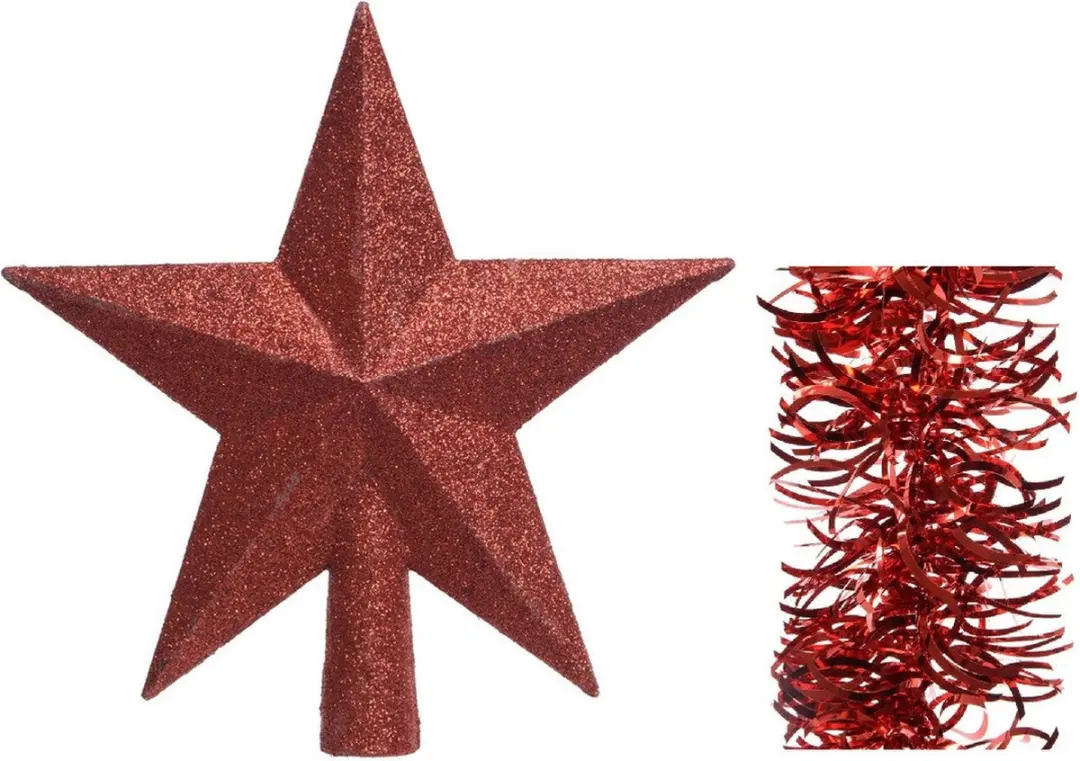 Kerstversiering kunststof glitter ster piek 19 cm en golf folieslingers pakket r
