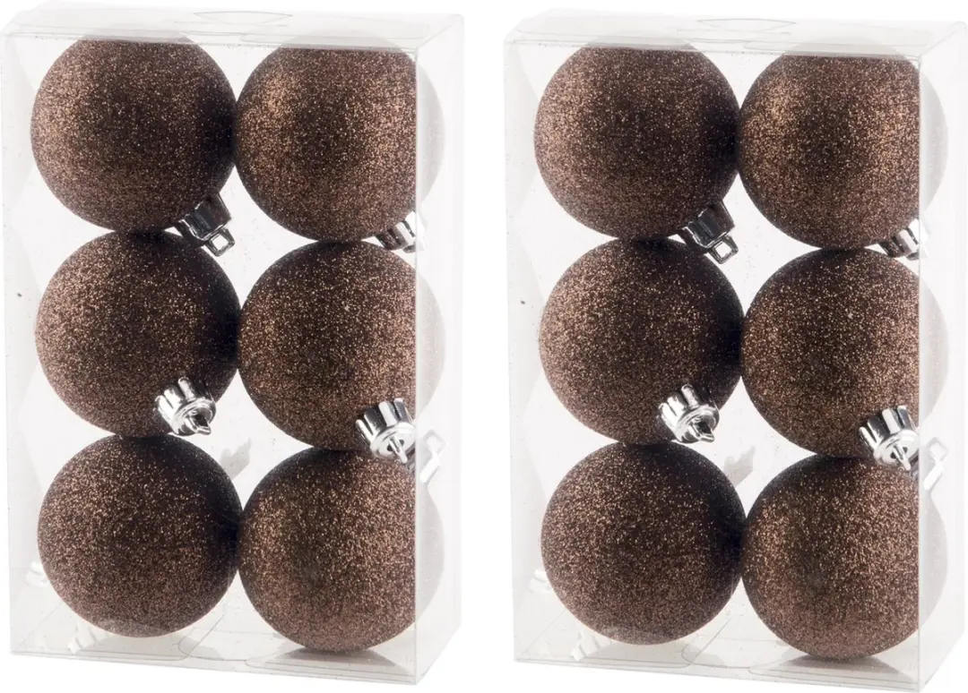 18x stuks kunststof glitter kerstballen donkerbruin 6 cm