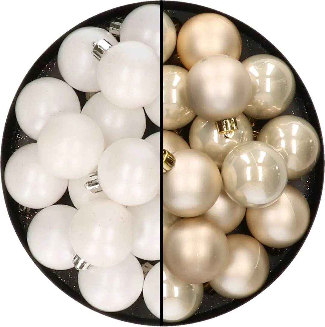 32x stuks kunststof kerstballen mix van wit en champagne 4 cm