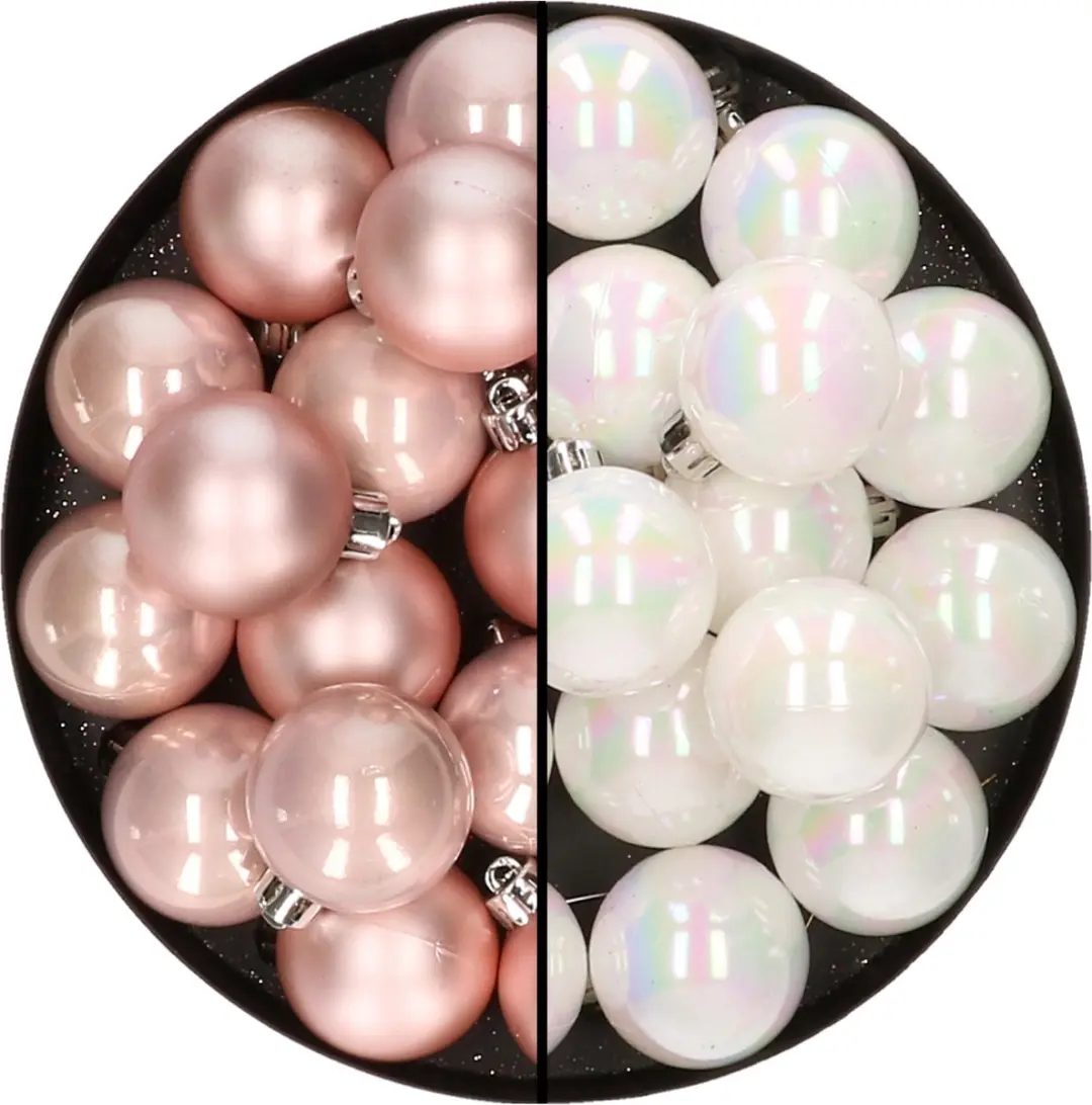 32x stuks kunststof kerstballen mix van lichtroze en parelmoer wit 4 cm