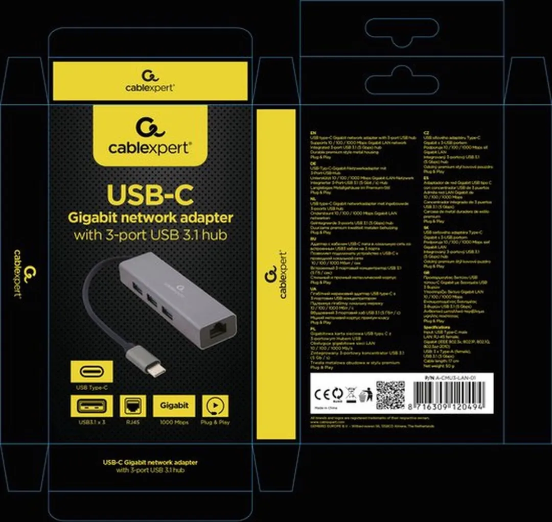 Gembird A-CMU3-LAN-01 USB Hub - 3 Poorten Grijs