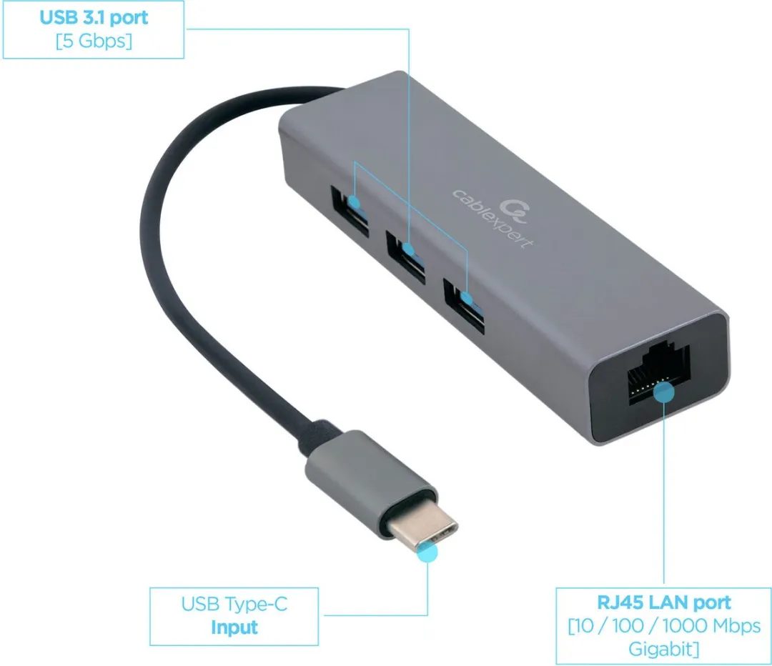 Gembird A-CMU3-LAN-01 USB Hub - 3 Poorten Grijs