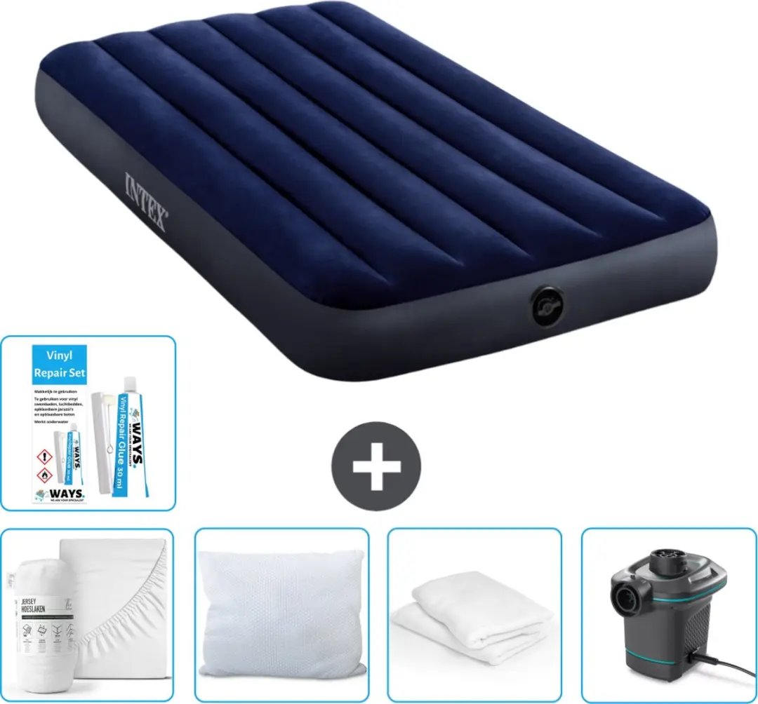Intex Luchtbed - 1-Persoons - 99 x 191 x 25 cm - Blauw - Inclusief Hoeslaken - Kussen - Pomp - Reparatieset en Kussenbeschermer - afbeelding 2 van 2