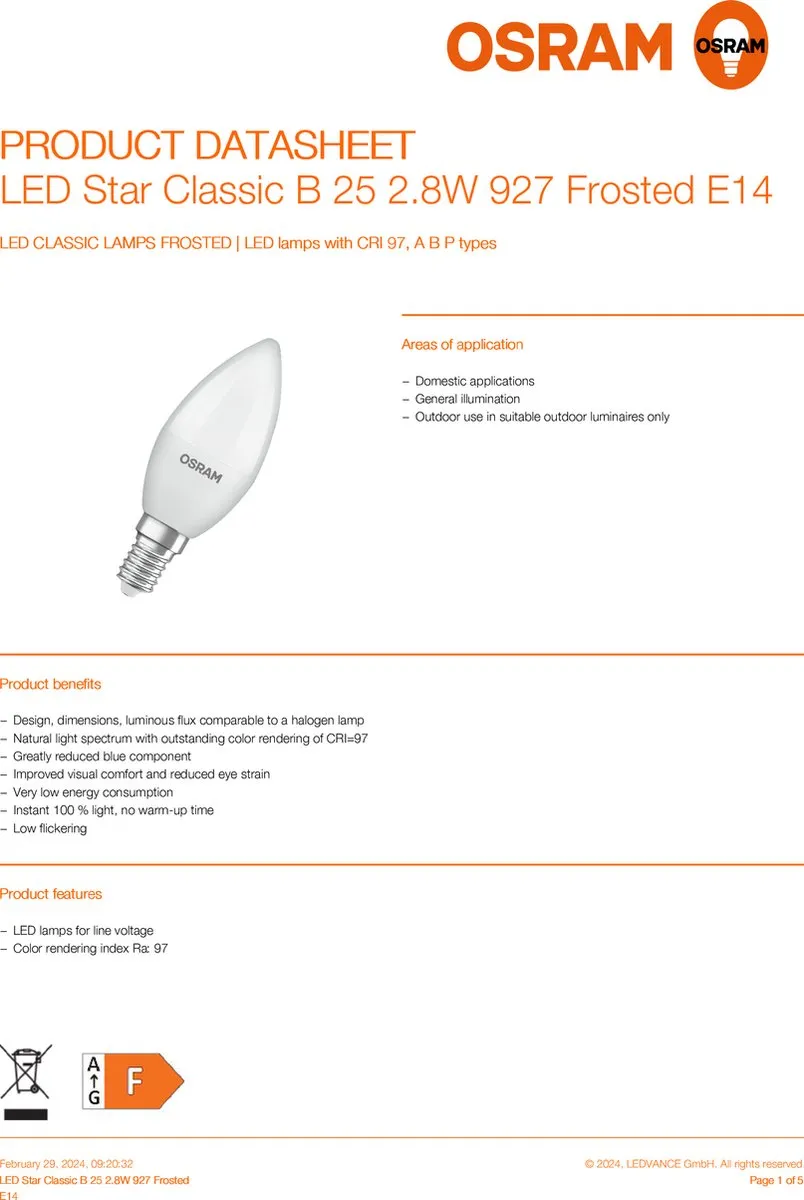 Osram LED-lamp E14 2,8W Warm Wit 2700K