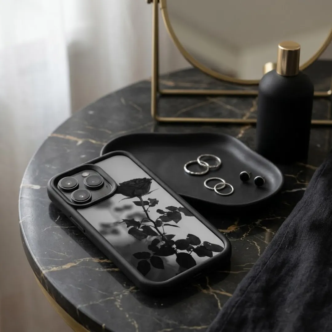 NUVEX iPhone 14 Pro Max Hoesje - Zwart Transparant - Roos Print