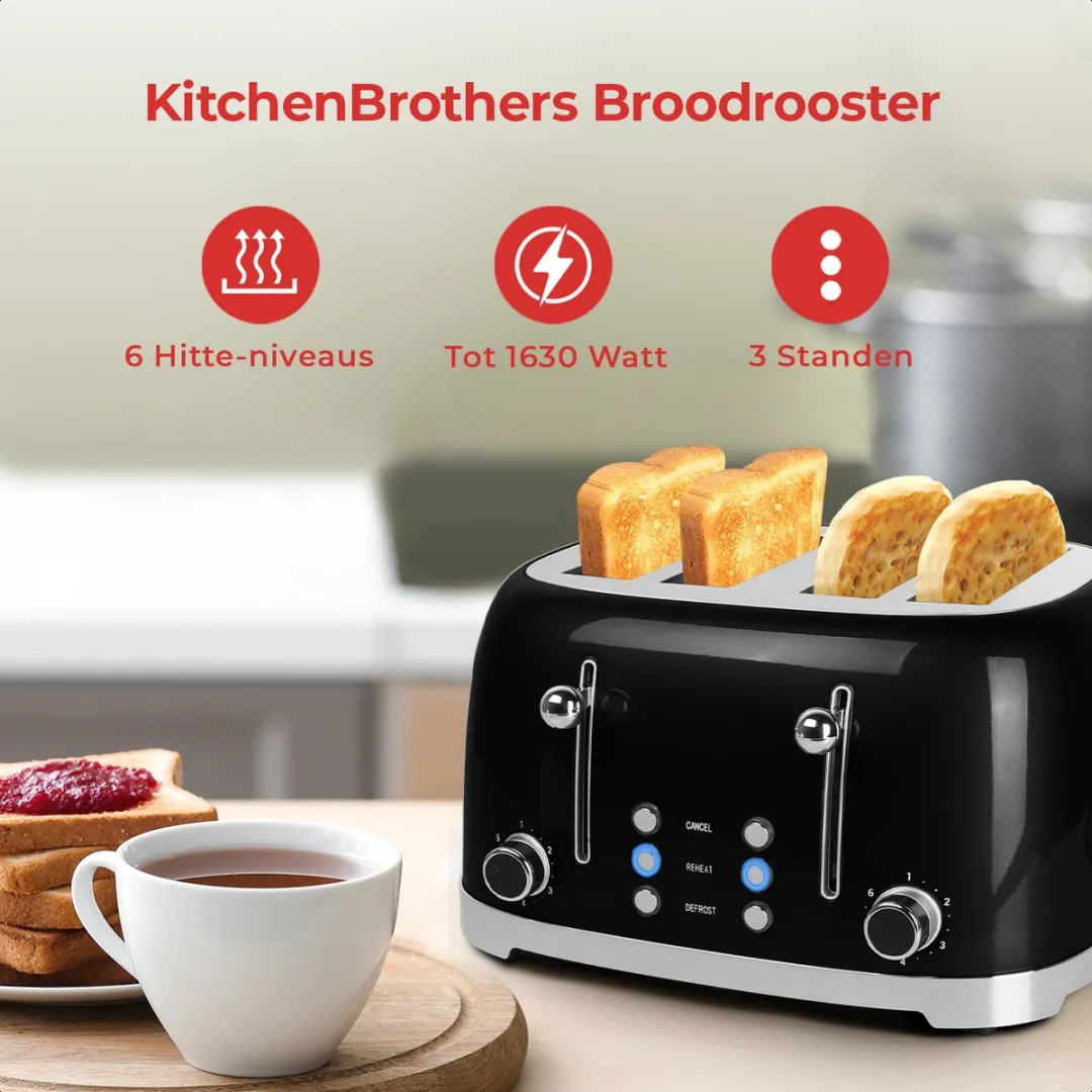 KitchenBrothers Retro Broodrooster KB727 - 4 Sneden 1630W - Zwart