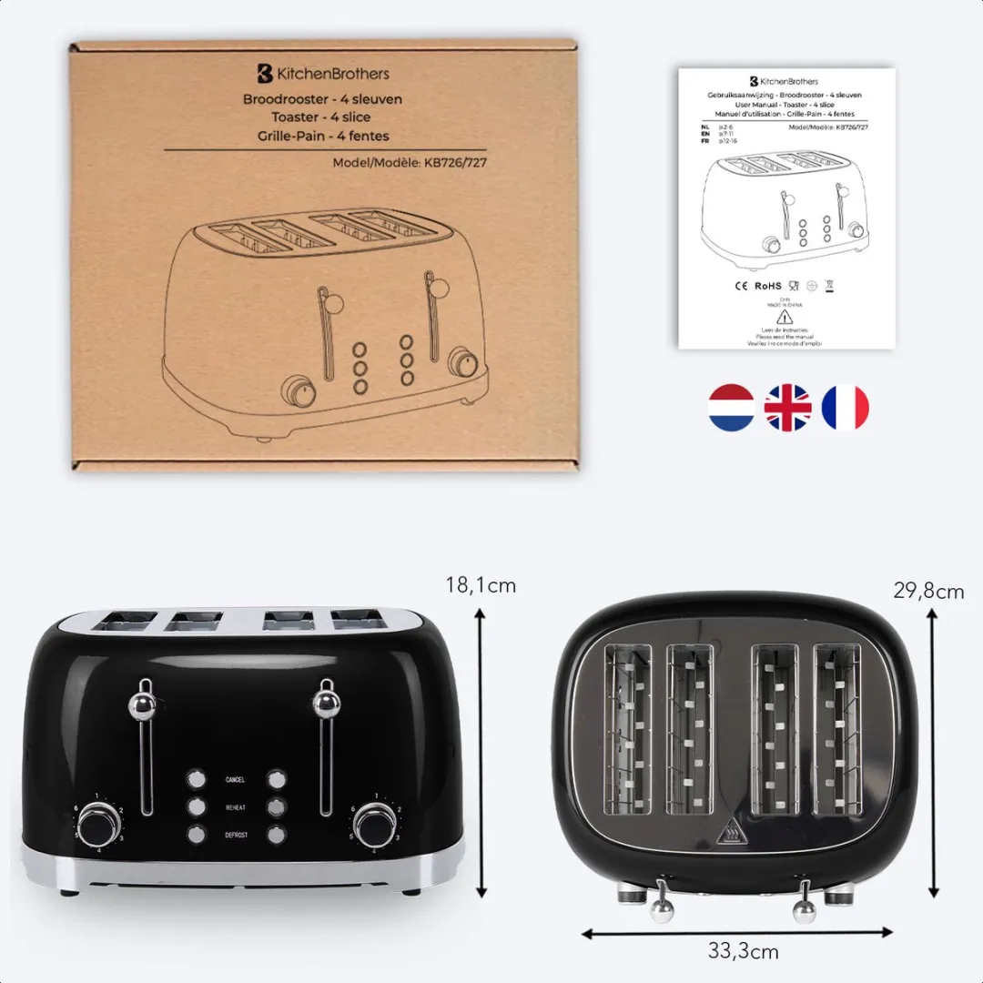 KitchenBrothers Retro Broodrooster KB727 - 4 Sneden 1630W - Zwart