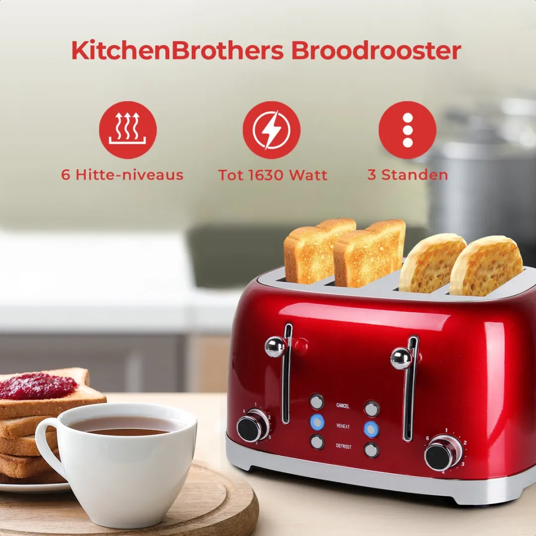 KitchenBrothers Retro Broodrooster KB726 - 4 Sneden - 1630W - Rood