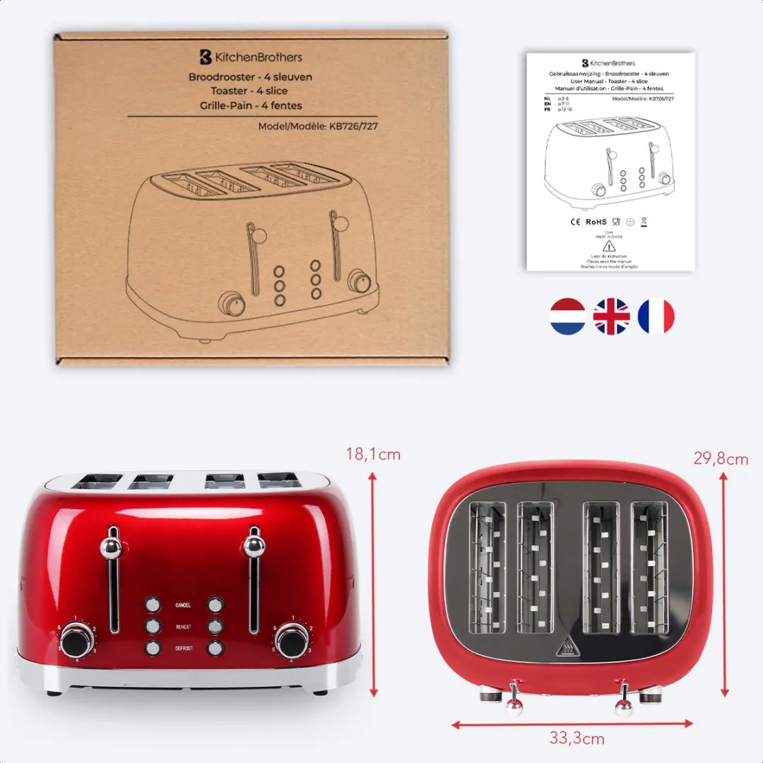 KitchenBrothers Retro Broodrooster KB726 - 4 Sneden - 1630W - Rood