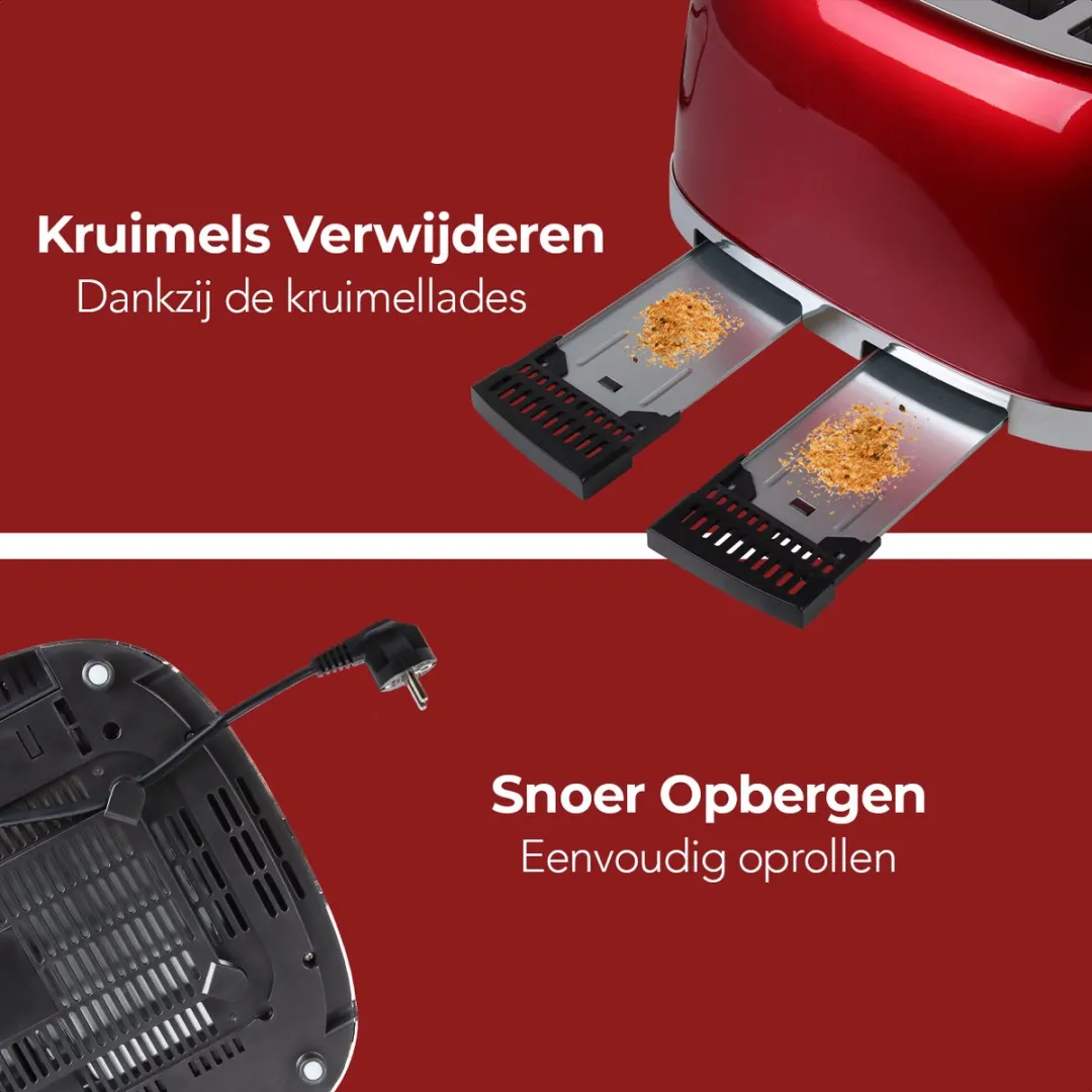 KitchenBrothers Retro Broodrooster KB726 - 4 Sneden - 1630W - Rood