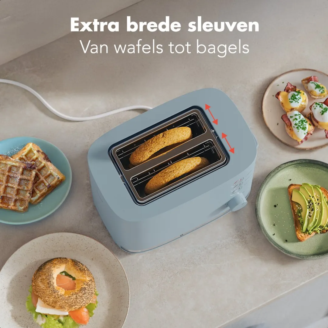 KitchenBrothers KB4097 Broodrooster 870W - 2 Extra Brede Sleuven - Pastel Blauw
