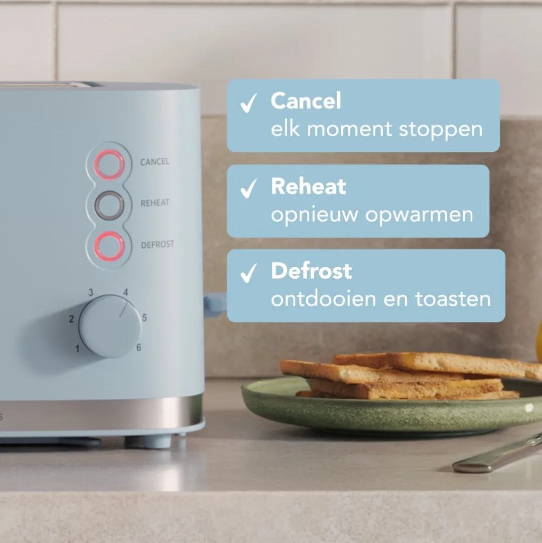 KitchenBrothers KB4097 Broodrooster 870W - 2 Extra Brede Sleuven - Pastel Blauw