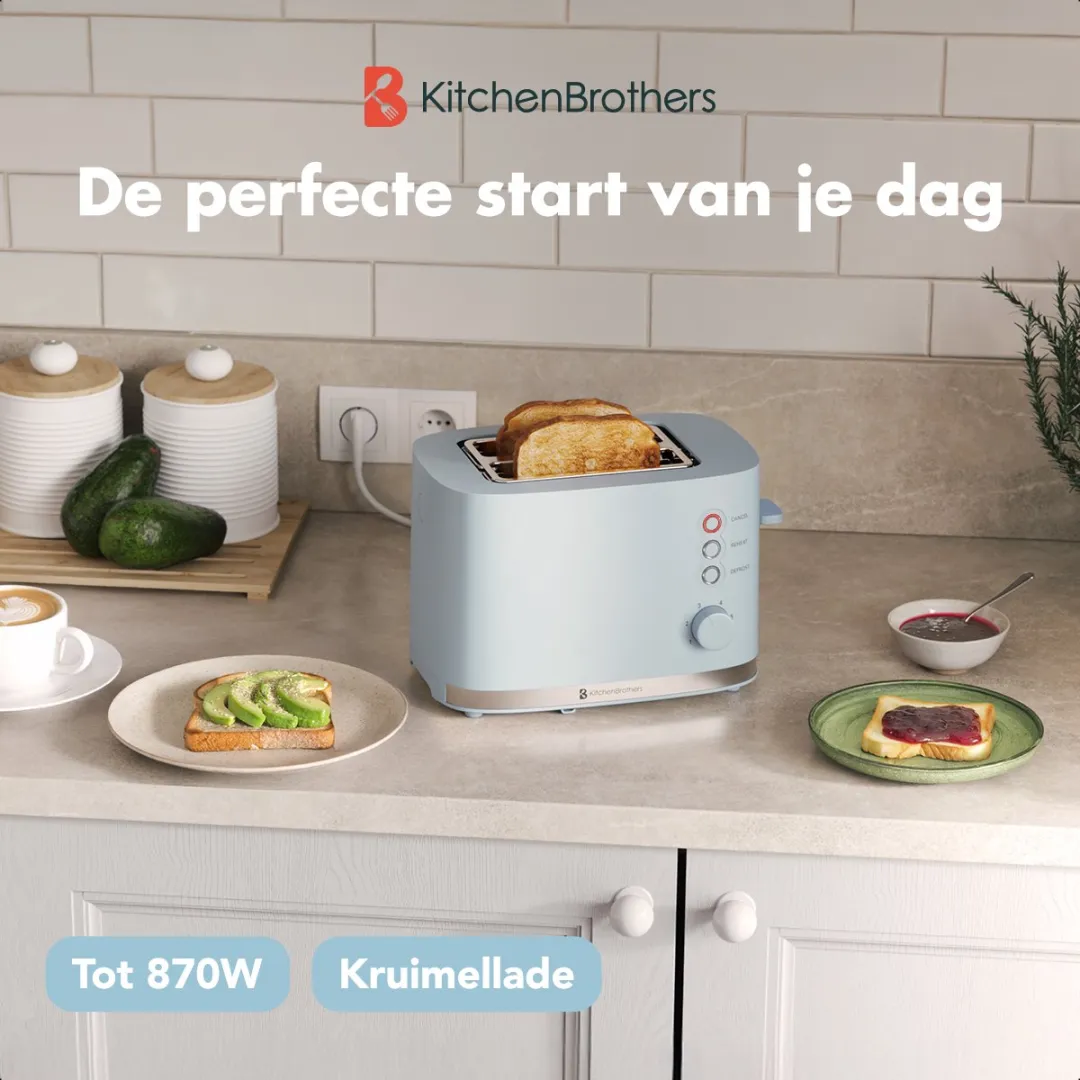 KitchenBrothers KB4097 Broodrooster 870W - 2 Extra Brede Sleuven - Pastel Blauw