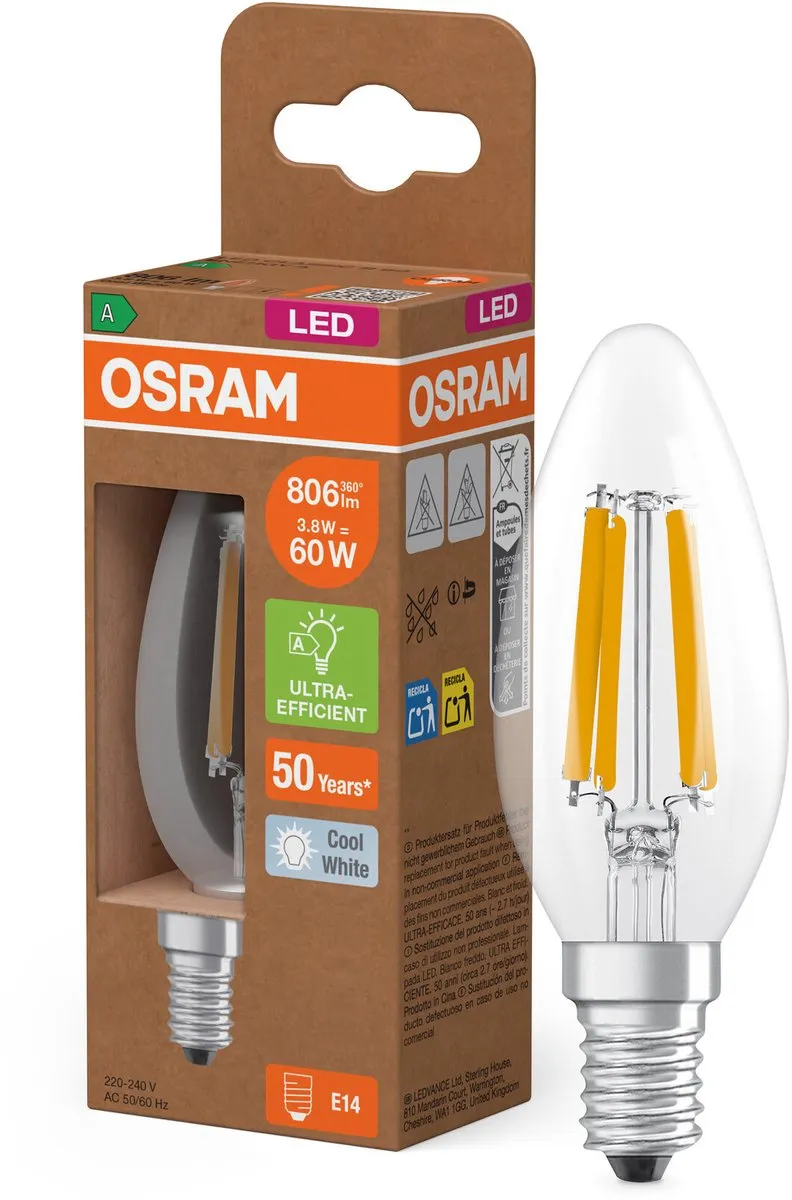 Osram Energy Class LED Kaarslamp E14 3,8W 806lm Koelwit