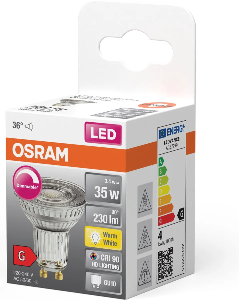 Osram Superstar LED GU10 3.4W 230lm - Zeer Warm Wit 2700K
