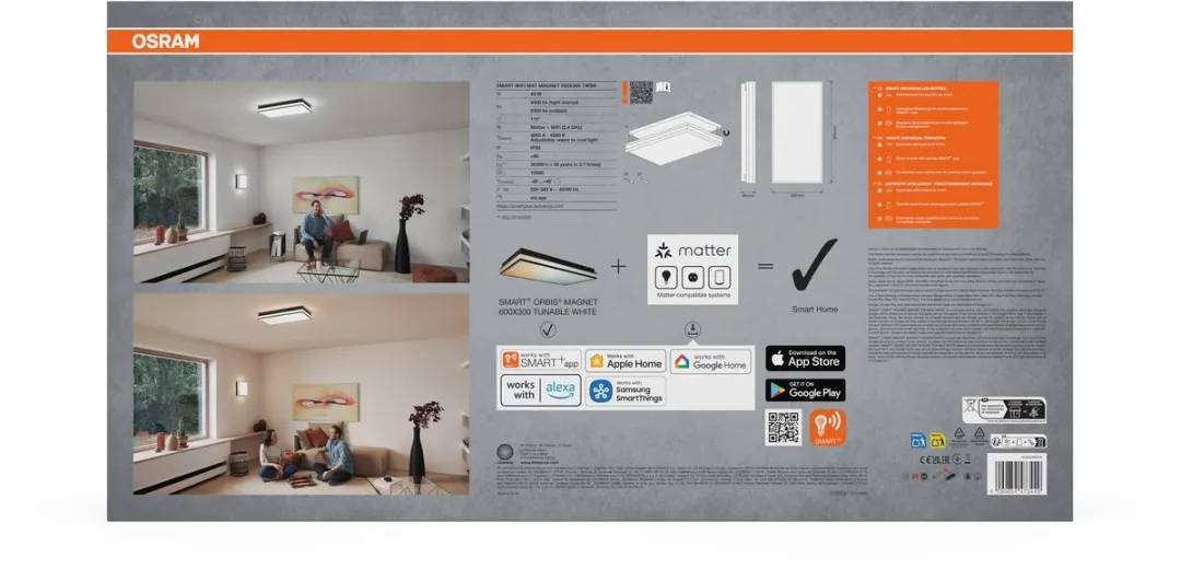 Osram SMART+ Matter Magnet Plafondlamp 600x300mm - 42W - 2300lm - Zwart