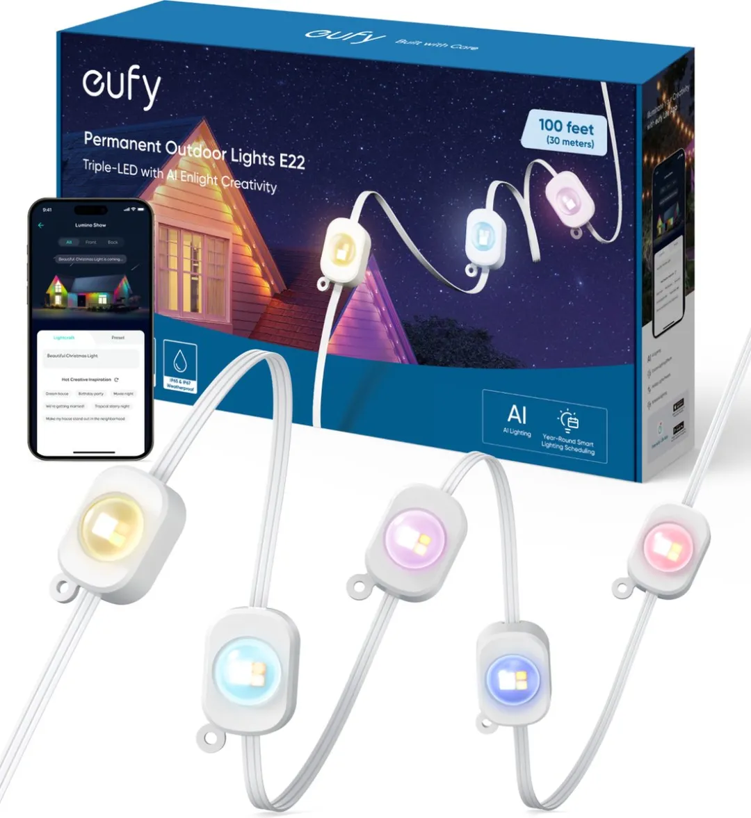 eufy Lightning L30 LED Buitenverlichting – Slimme LEDstrip 30m - Outdoor Light – Instelbare RGB/Witte Verlichting – IP65 Waterdicht – Werkt met eufy Life-app – 1500K-9000K