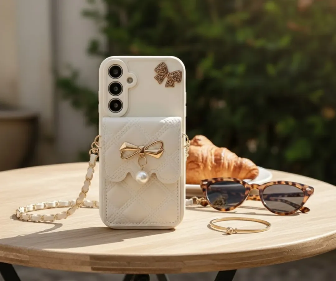 NUVEX Crèmekleurig Telefoonhoesje S24 - Quilt met Goud & Parels - 2 Pasjes