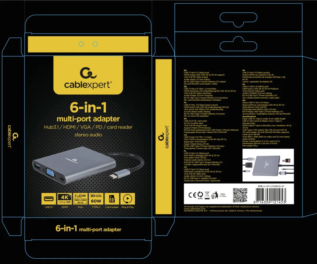 Gembird A-CM-COMBO6-01 USB Hub - 6 Poorten Grijs