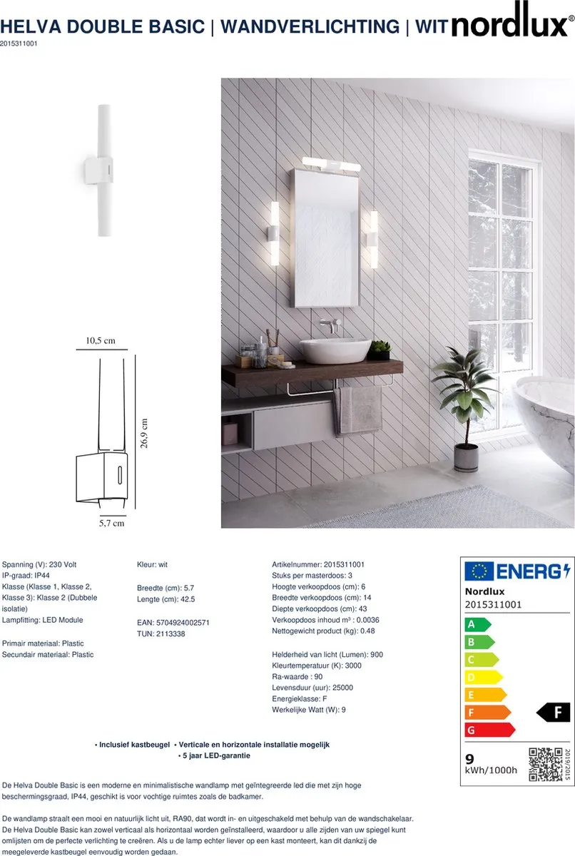 Nordlux Helva Double Basic Badkamer Wandlamp 9W - Wit