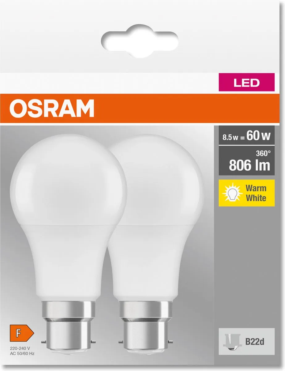 Osram LED Basis A60 B22d 8,5W - 2700K Mat - afbeelding 6 van 6