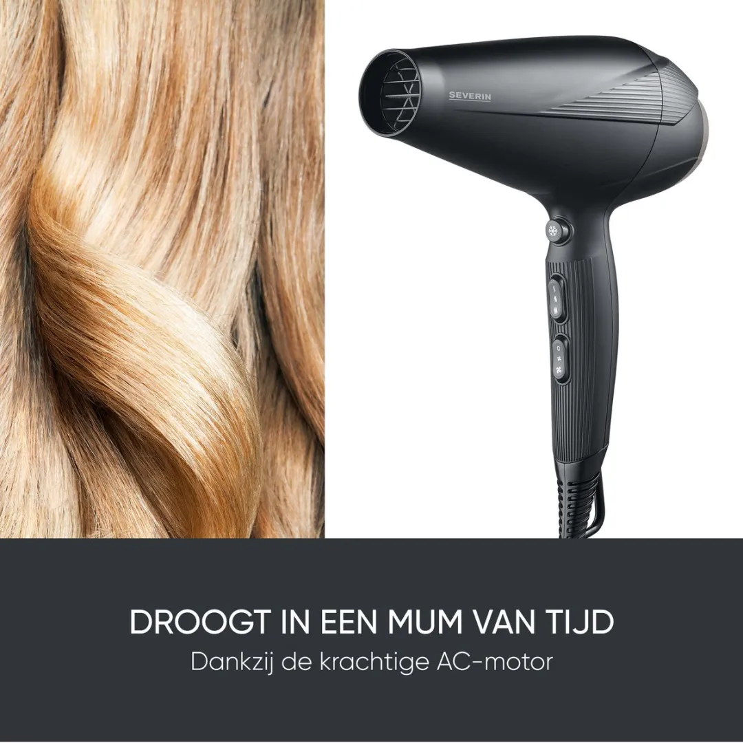 Severin HT 0167 Föhn met AC-motor van 1.950-2.300 watt, 3 temperatuur, 2 vermogens en coolshot-stand - Ionische functie, lange kabel, incl. concentrator en diffuser