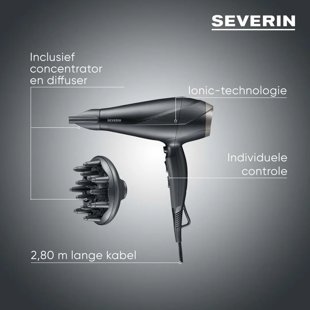 Severin HT 0167 Föhn met AC-motor van 1.950-2.300 watt, 3 temperatuur, 2 vermogens en coolshot-stand - Ionische functie, lange kabel, incl. concentrator en diffuser