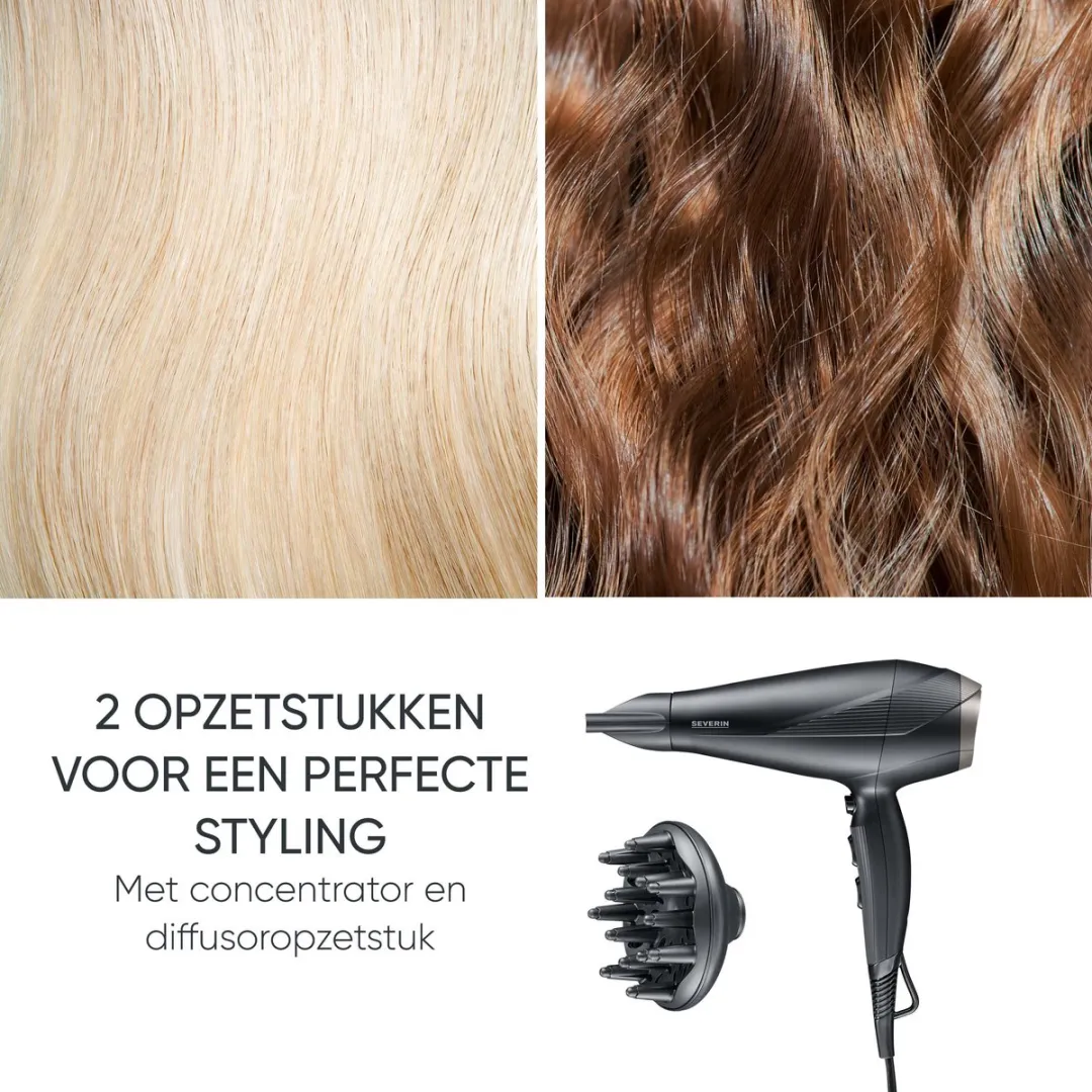 Severin HT 0167 Föhn met AC-motor van 1.950-2.300 watt, 3 temperatuur, 2 vermogens en coolshot-stand - Ionische functie, lange kabel, incl. concentrator en diffuser