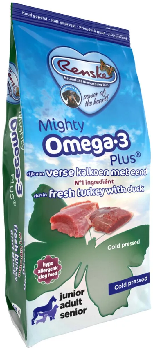 Renske Mighty Omega Plus Geperst Hondenvoer Kalkoen/Eend 12kg