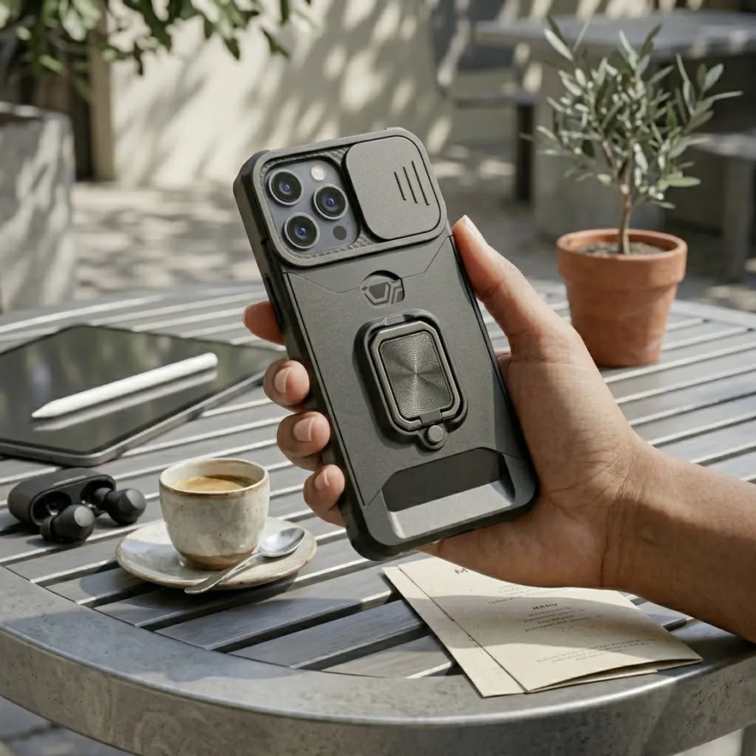 NUVEX iPhone 15 Pro Max Hoesje - Zwart - Schokbestendig met metalen standaard