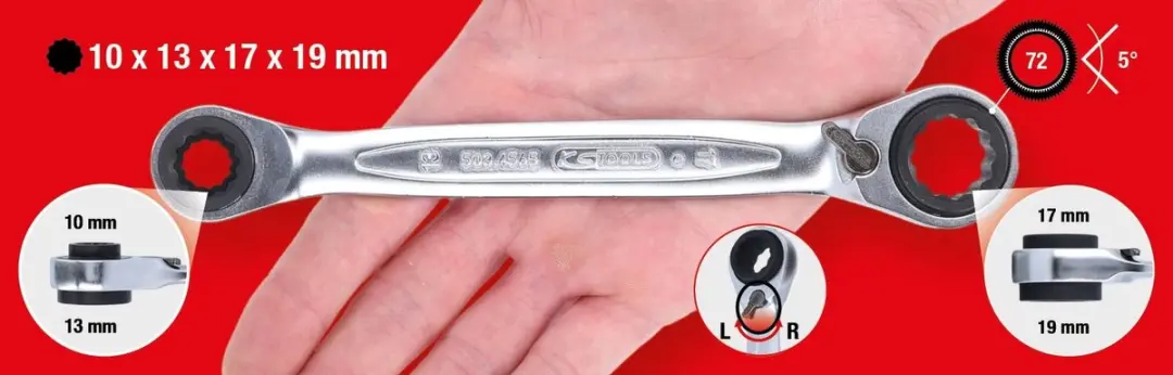 KS Tools GEARplus 4-in-1 Dubbele Ratelringsteeksleutel 10/13/17/19mm - afbeelding 5 van 6