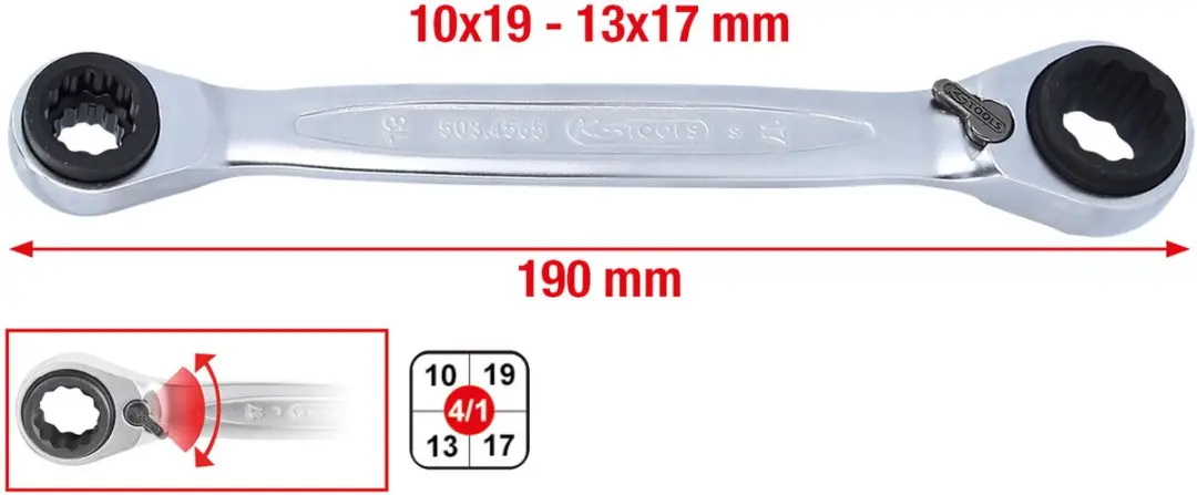 KS Tools GEARplus 4-in-1 Dubbele Ratelringsteeksleutel 10/13/17/19mm - afbeelding 2 van 6