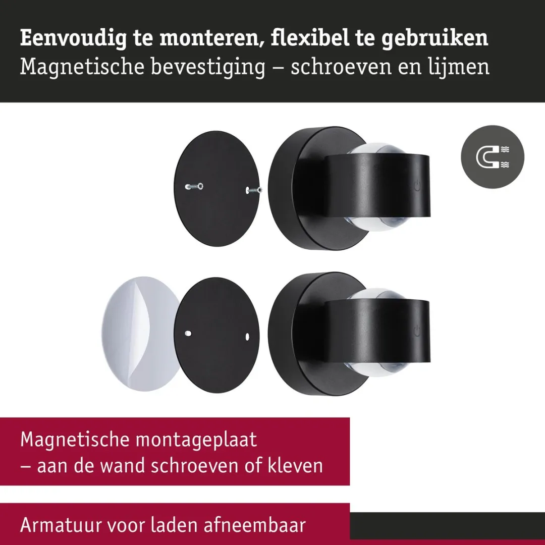 Paulmann Zorik LED Wandlamp op Accu IP44 - 2x1,1W 2700K - Zwart