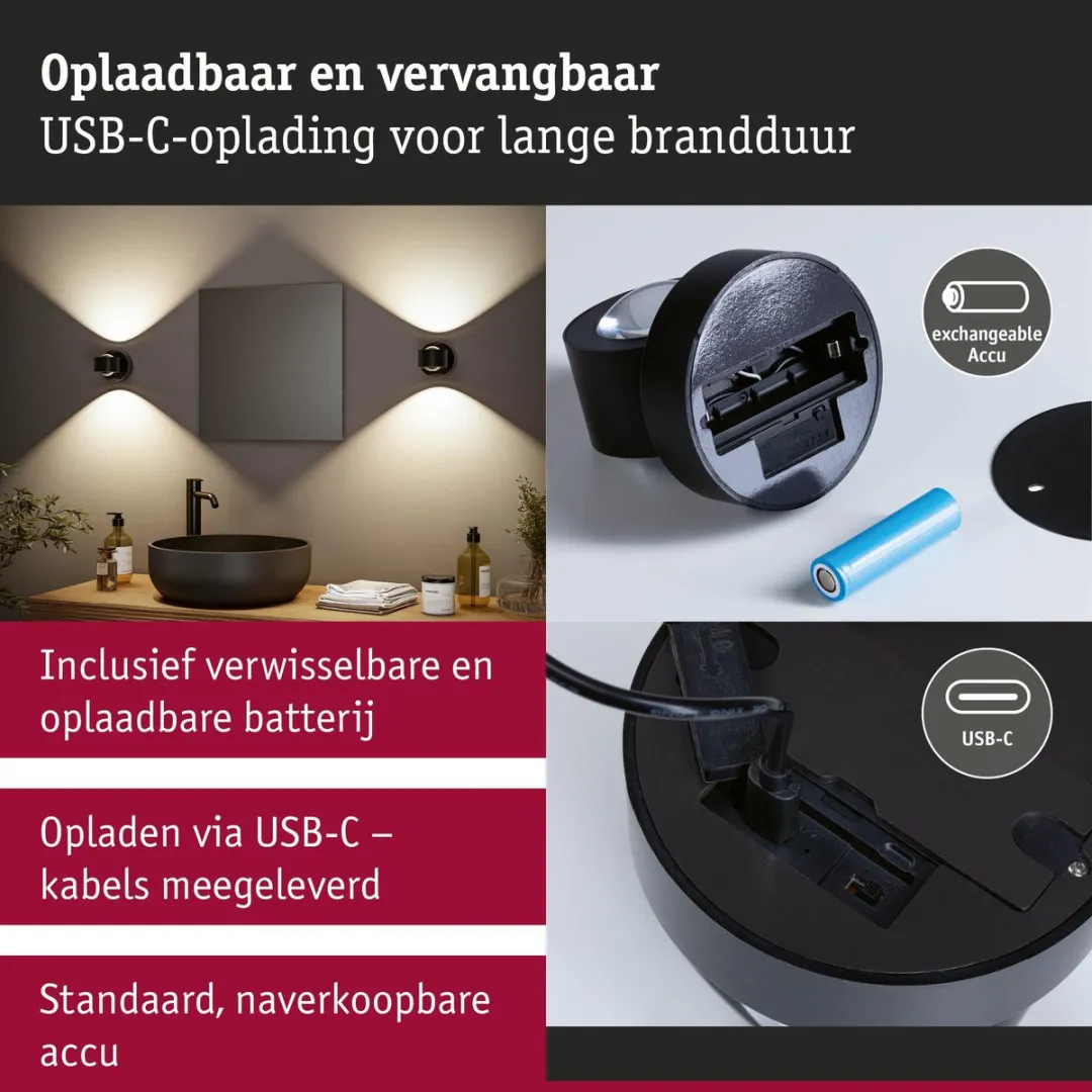 Paulmann Zorik LED Wandlamp op Accu IP44 - 2x1,1W 2700K - Zwart - afbeelding 6 van 6