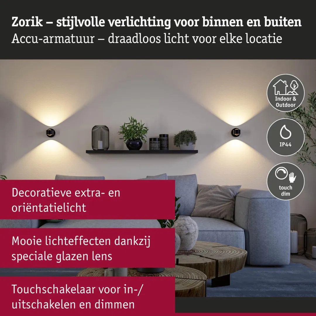 Paulmann Zorik LED Wandlamp op Accu IP44 - 2x1,1W 2700K - Zwart