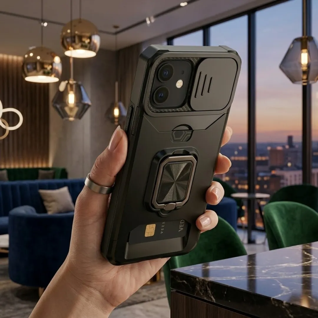 NUVEX iPhone 12 Hoesje Zwart - Schokbestendig met metalen standaard