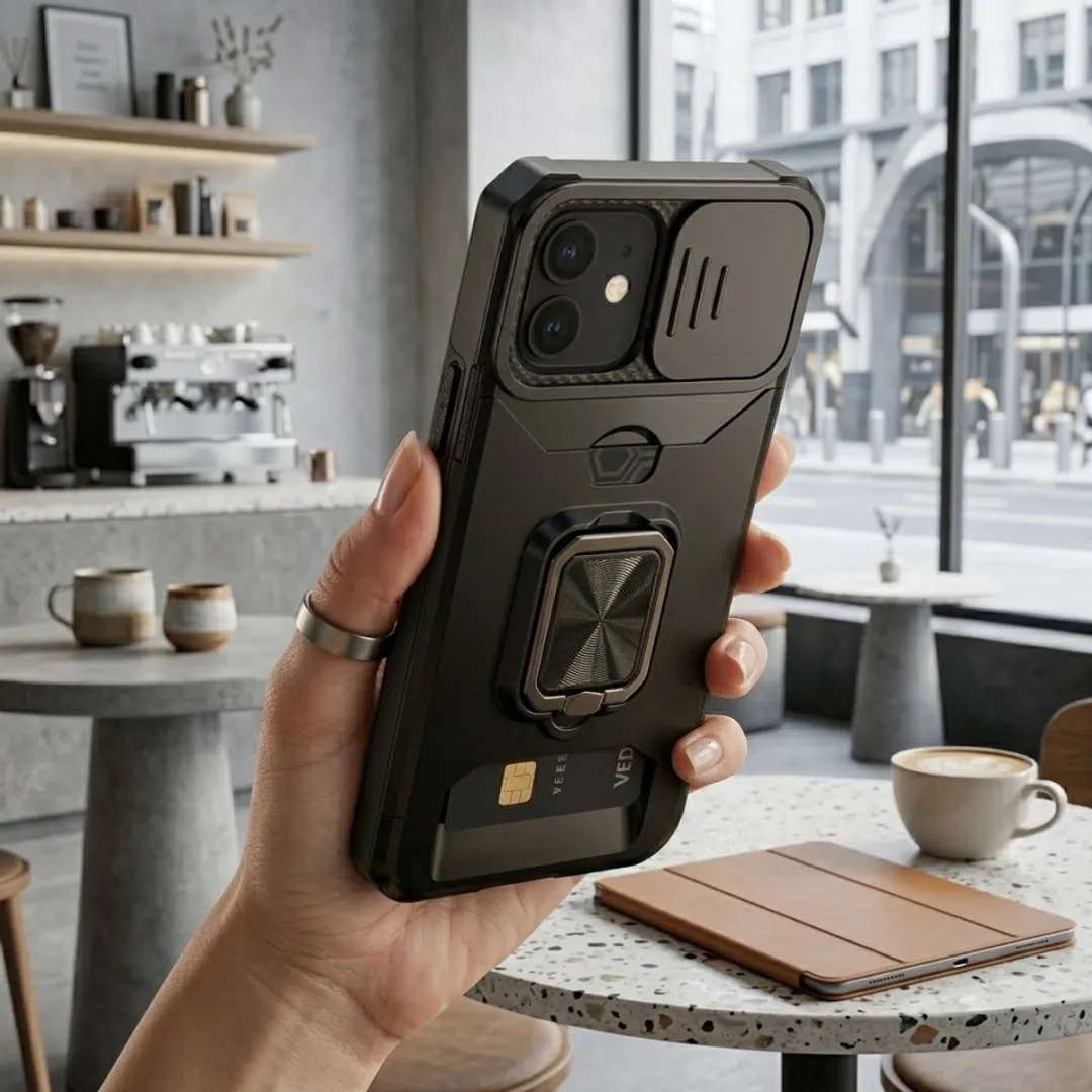 NUVEX iPhone 12 Hoesje Zwart - Schokbestendig met metalen standaard