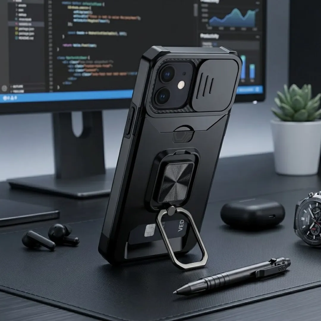NUVEX iPhone 12 Hoesje Zwart - Schokbestendig met metalen standaard